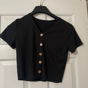 Black Button-Up Ribbed Women's Top
